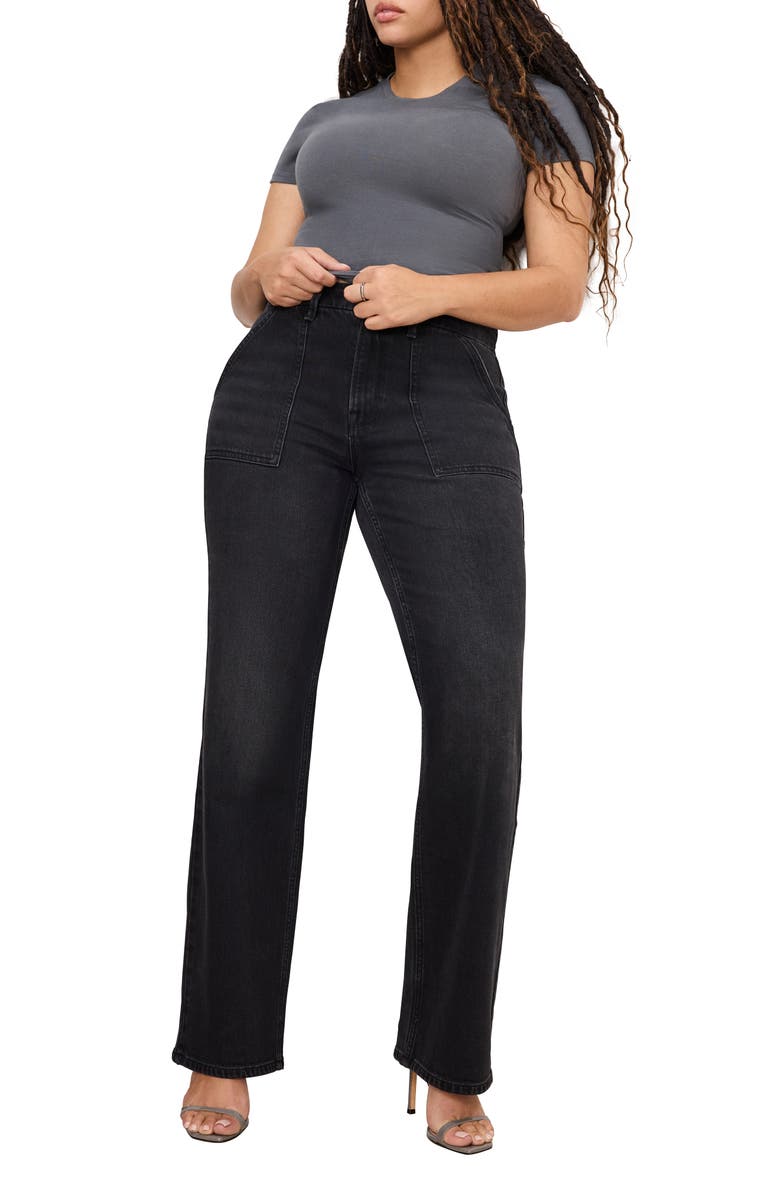 Good American Good Icon High Waist Straight Leg Carpenter Jeans, Alternate, color, Black354