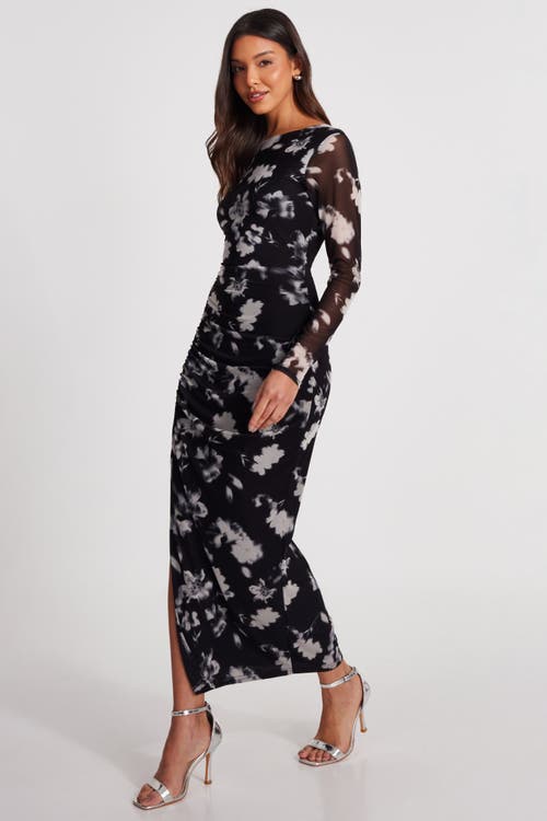 Quiz Mesh Floral Long Sleeve Maxi Dress In Black