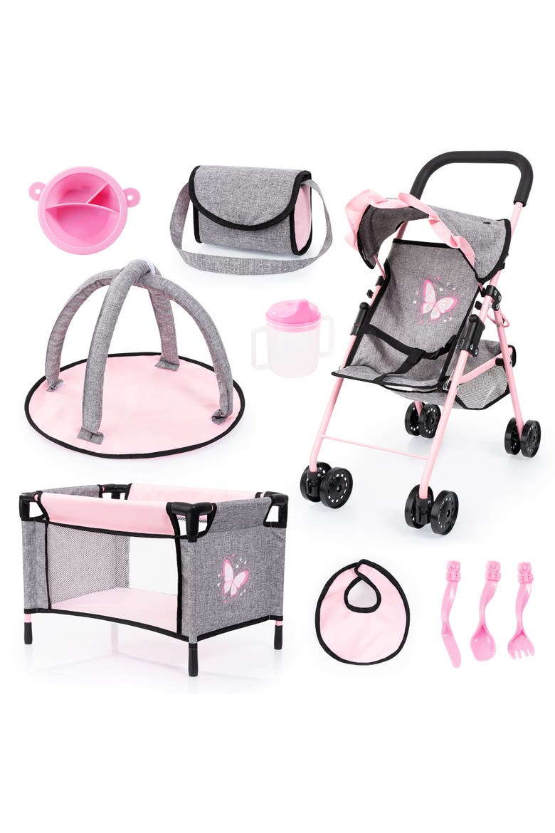 Buggy 10 Piece Set, Bed & Accessories Set for Dolls Up to 18 Inches, Ages 3+, Main, color, Multicolored