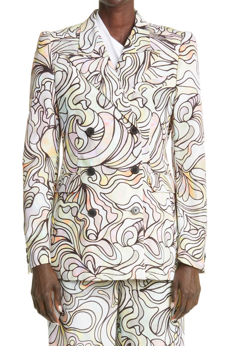 Stained Glass Print Cotton & Silk Double Breasted Blazer, Main, color, PEARL 12