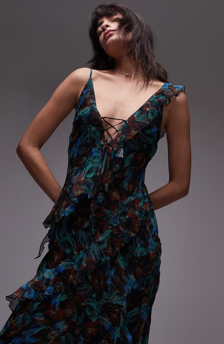 Topshop Lace-Up Ruffle Frill Maxi Dress, Alternate, color, 