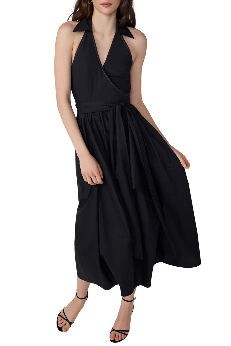 Nova Halter Neck Cotton Midi Dress, Alternate, color, BLACK