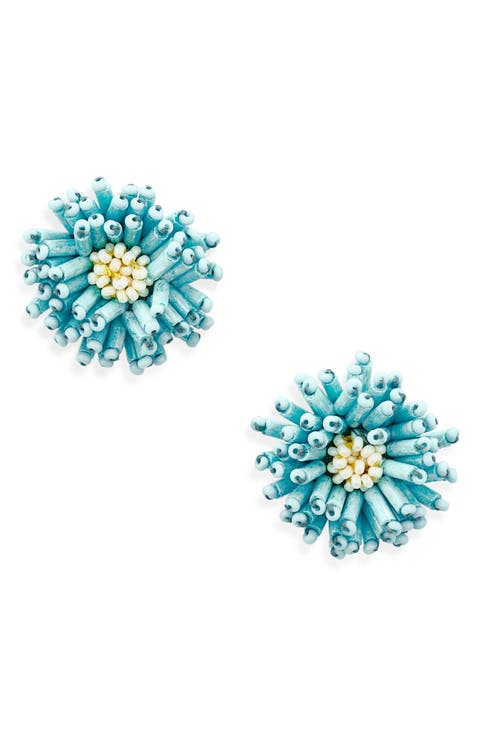 Beaded Pompom Flower Earrings