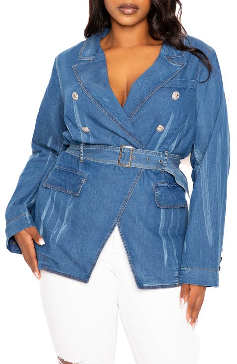 Double Breasted Denim Jacket (Plus Size)
