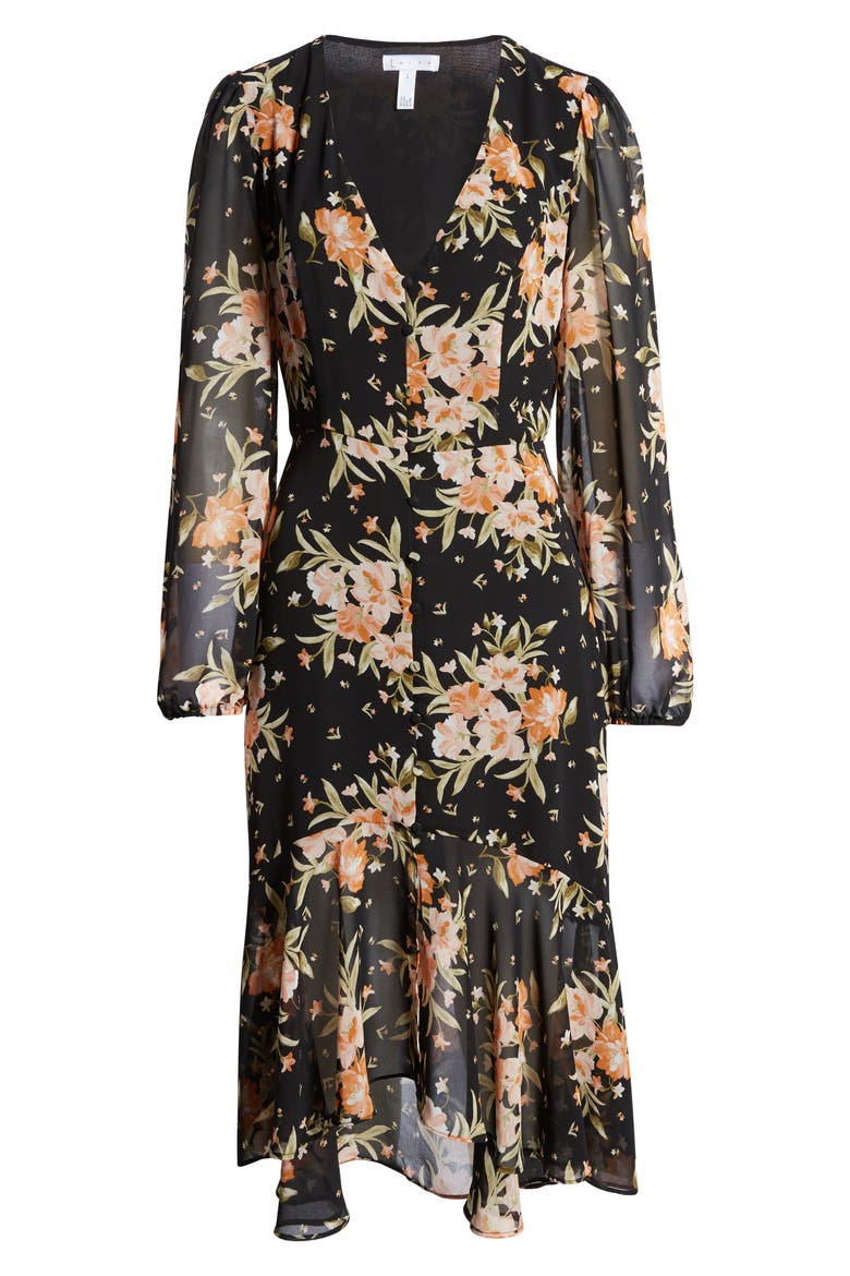Button Front Midi Dress, Alternate, color, BLACK BLUSHING FLORAL