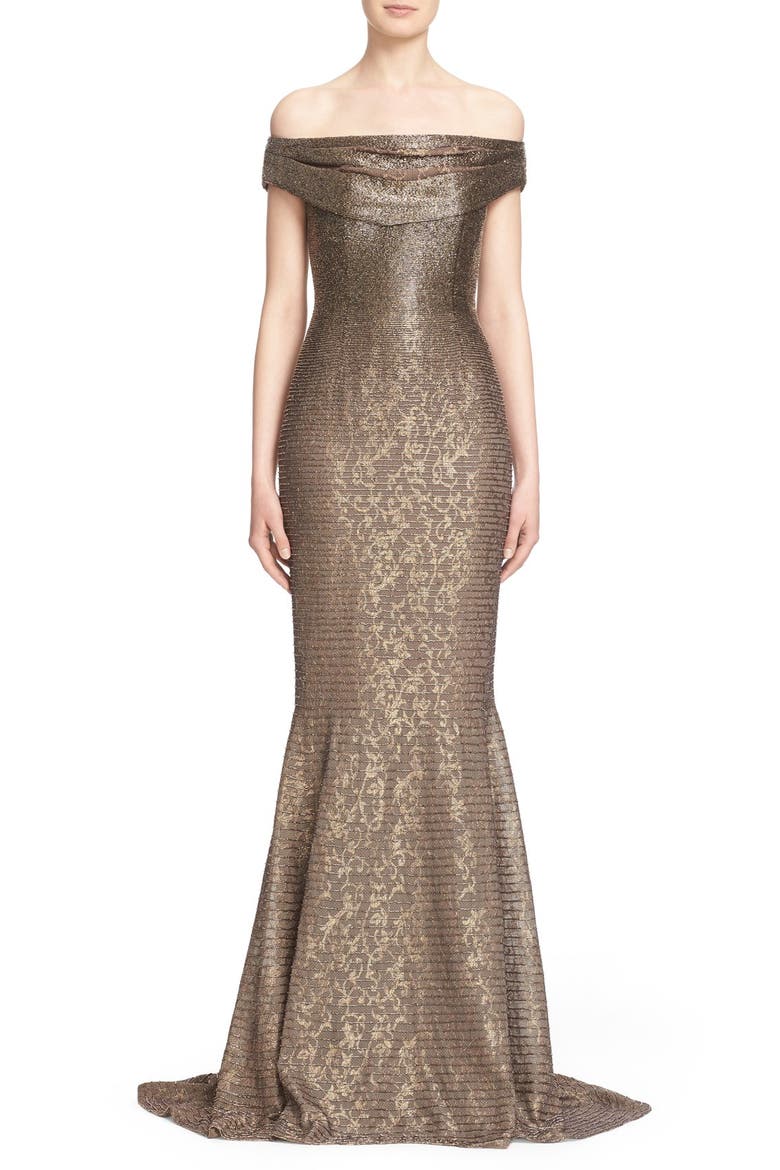 Couture Beaded Off the Shoulder Lace Mermaid Gown, Main, color, MINK