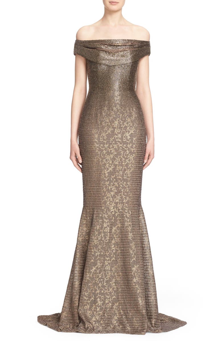 Carmen Marc Valvo Couture Beaded Off the Shoulder Lace Mermaid Gown, Main, color,