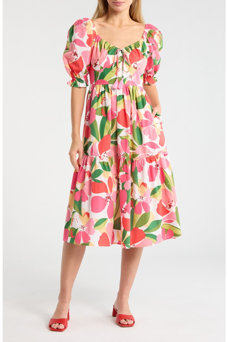 Print Puff Sleeve Midi Dress, Main, color, PINK MULTI