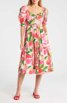Vince Camuto Print Puff Sleeve Midi Dress