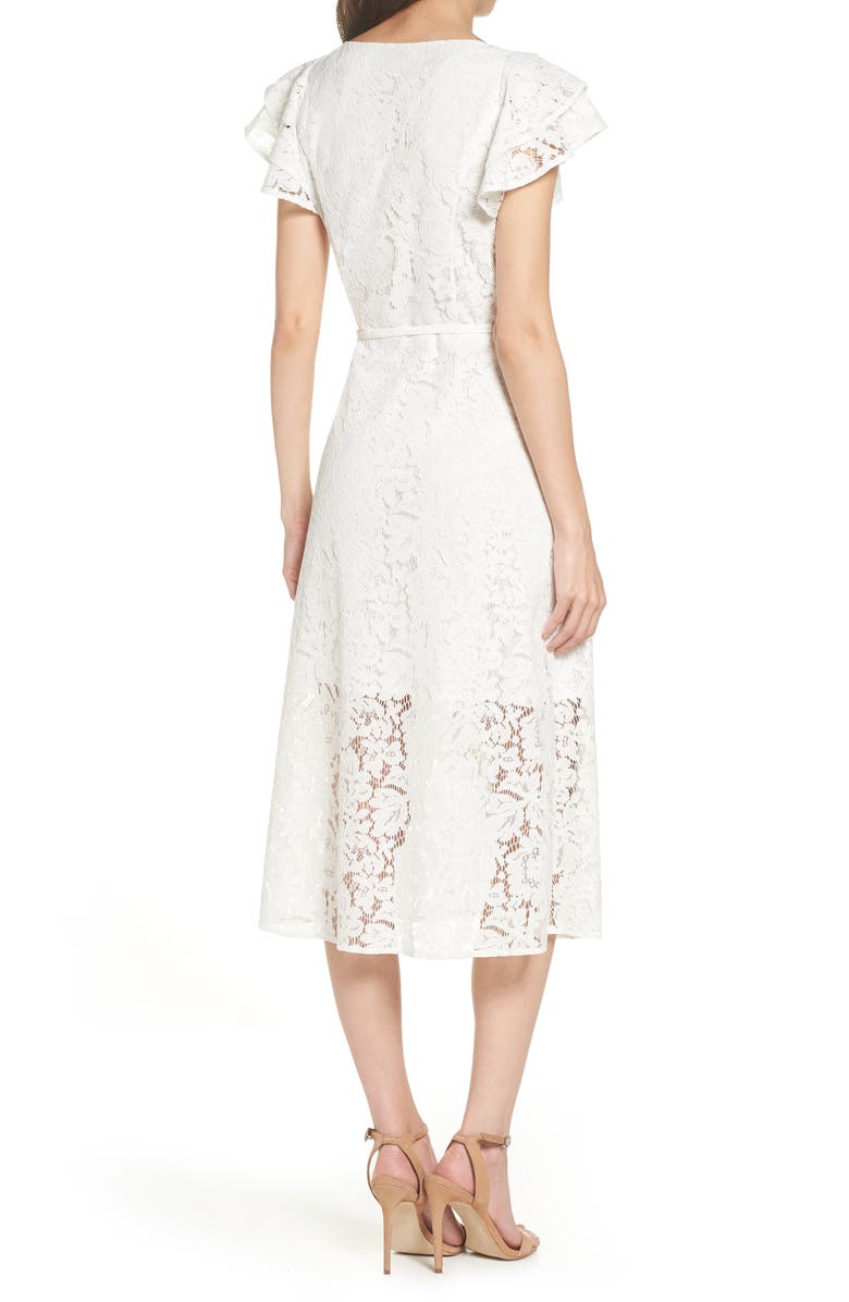 Ali & Jay Ruffle Sleeve Wrap Lace Midi Dress, Alternate, color, 