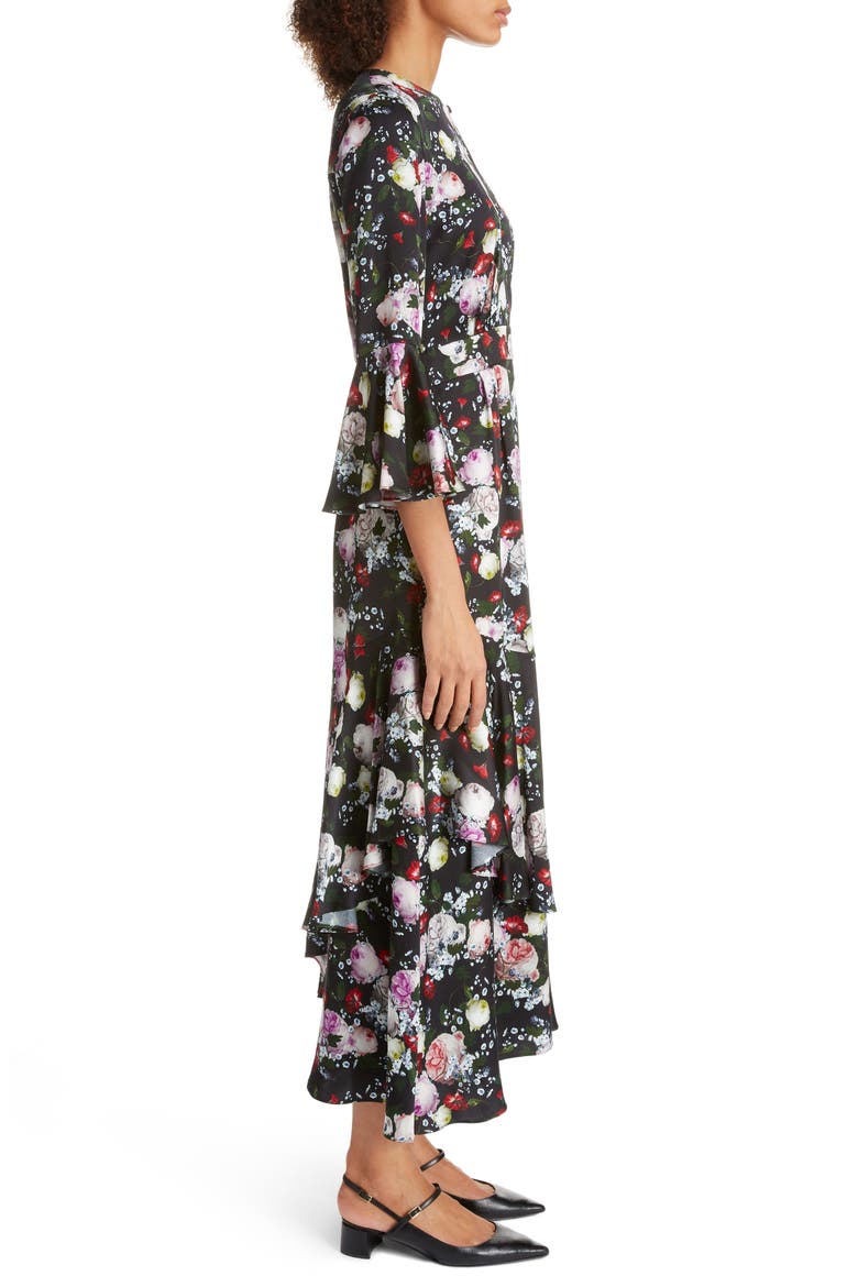 Ruffle Detail Floral Print Satin Midi Dress, Alternate, color, BLACK/ MULTI