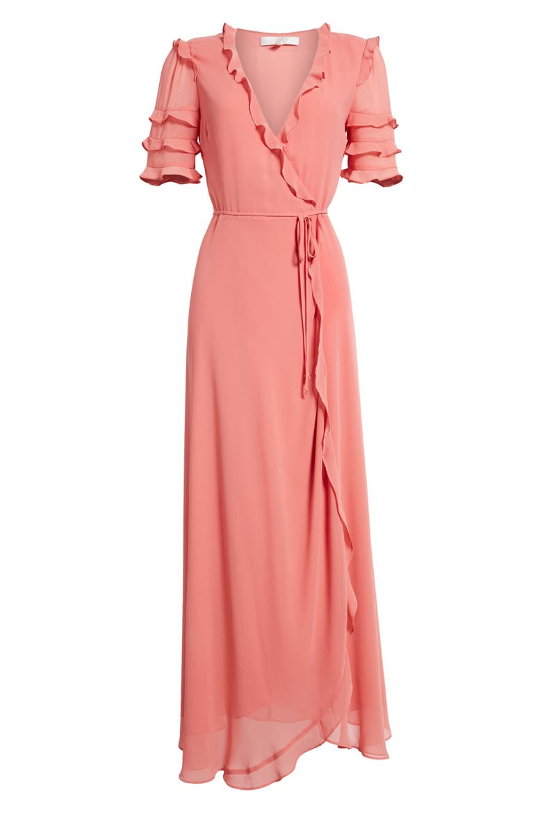 Ruffle Wrap Gown, Alternate, color, CORAL ROSE TEA