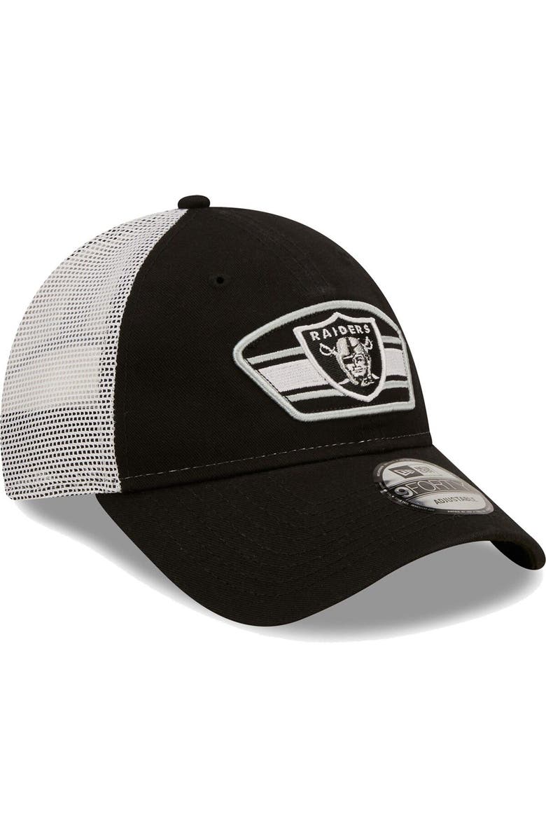 New Era Men's New Era Black/White Las Vegas Raiders Logo Patch Trucker 9FORTY Snapback Hat, Alternate, color, Black