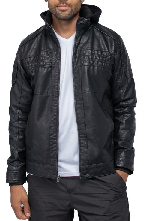 Faux Leather Hooded Moto Jacket with Faux Fur Lining