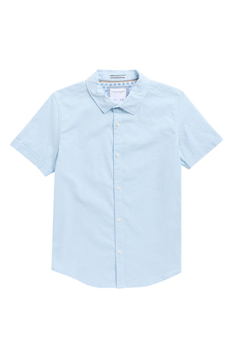 DENIM AND FLOWER Kids' Polka Dot Short Sleeve Button-Up Shirt, Main, color, Blue
