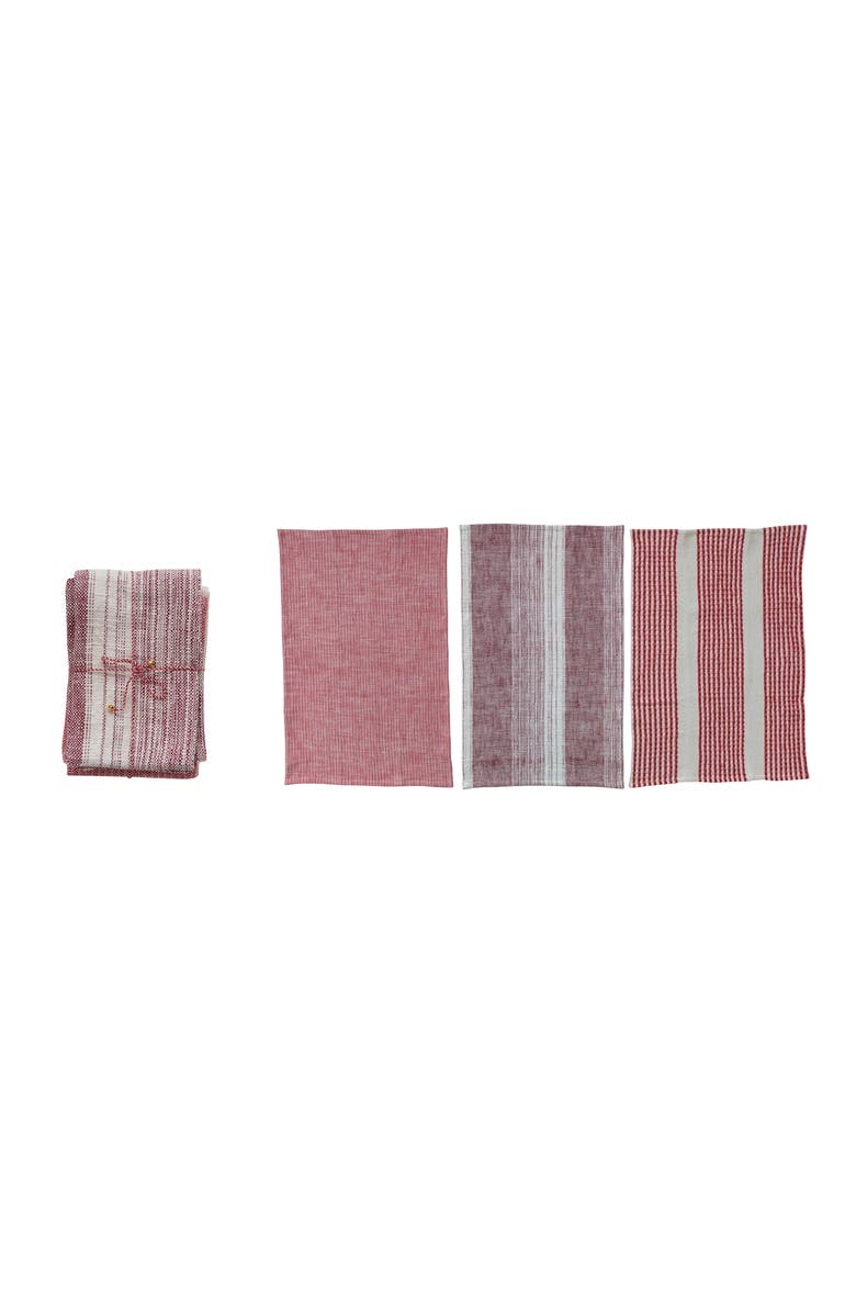 Storied Home 3-Piece Woven Patterned Tea Towels, Red and Natural, Main, color, 