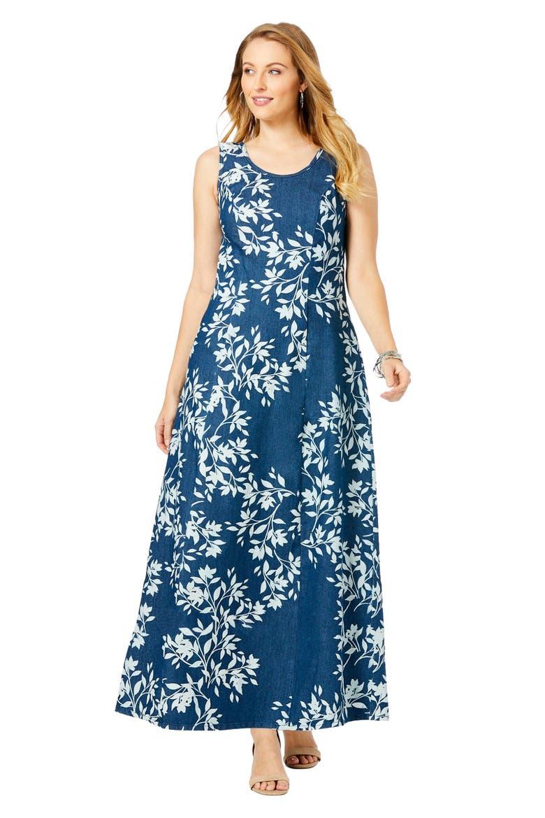 Denim Maxi Dress, Main, color, MEDIUM STONEWASH LEAF