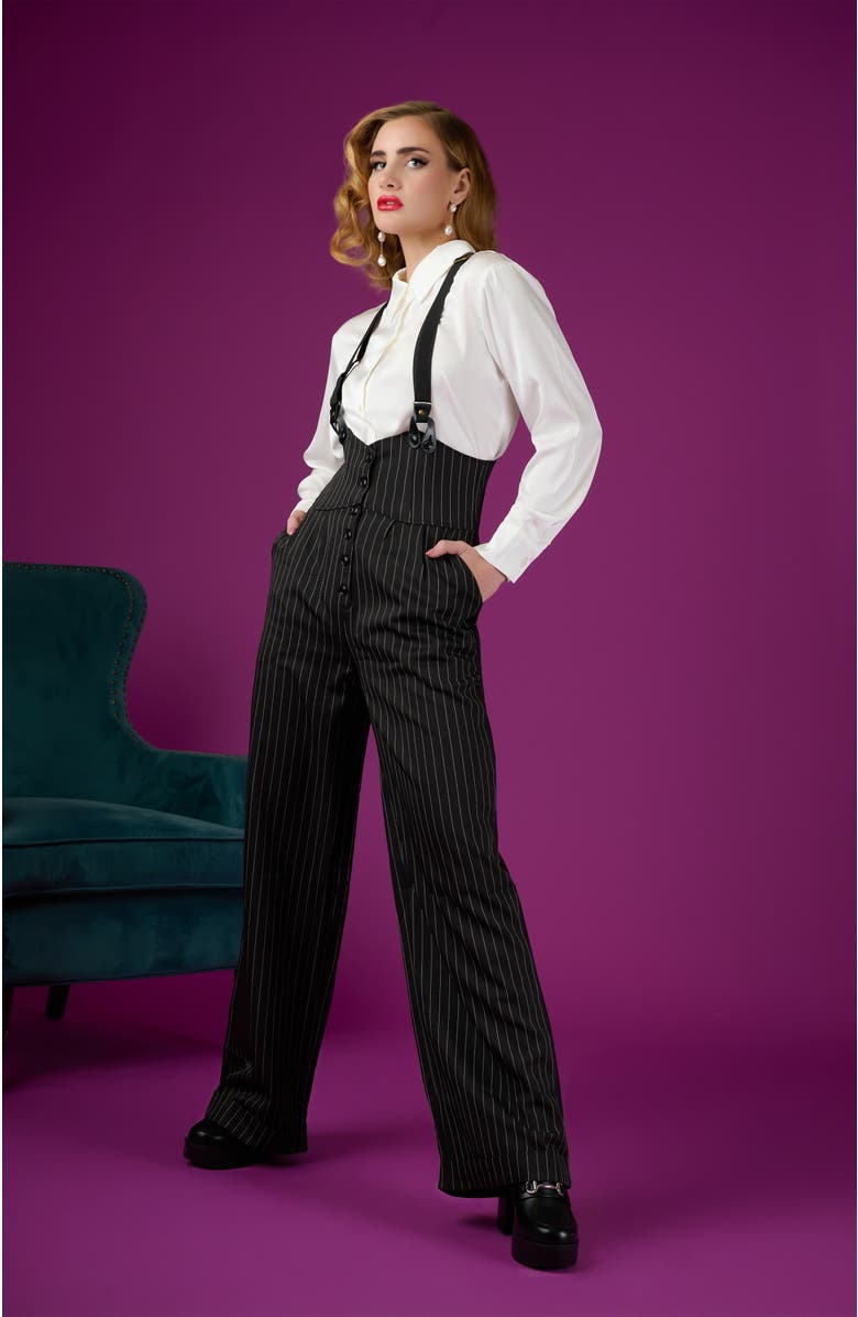 Unique Vintage Thelma High Waist Suspender Pants, Alternate, color, Black & White Pin Stripe