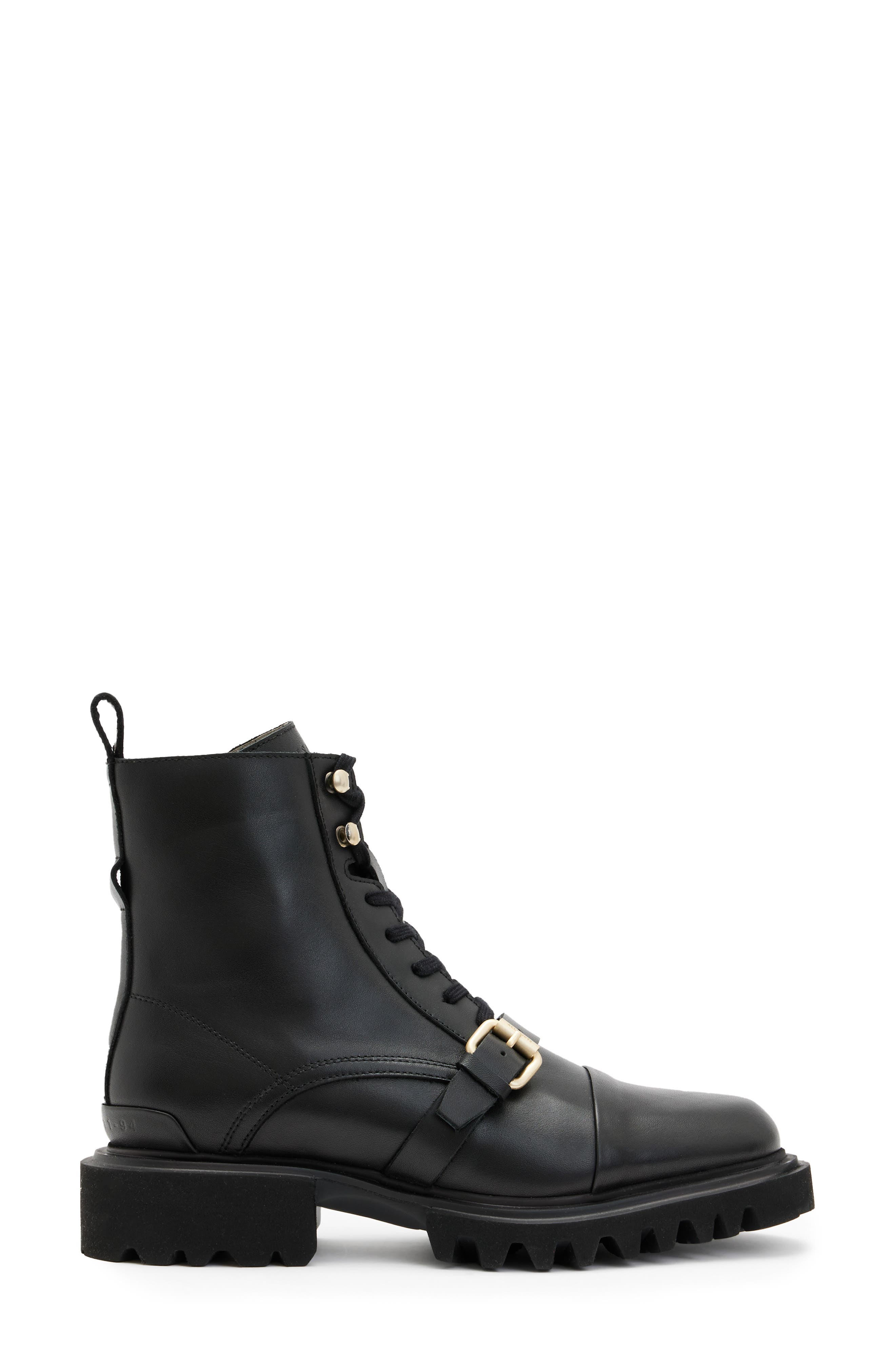 AllSaints Tori Lug Sole Boot, Alternate, color, Black/Warm Brass