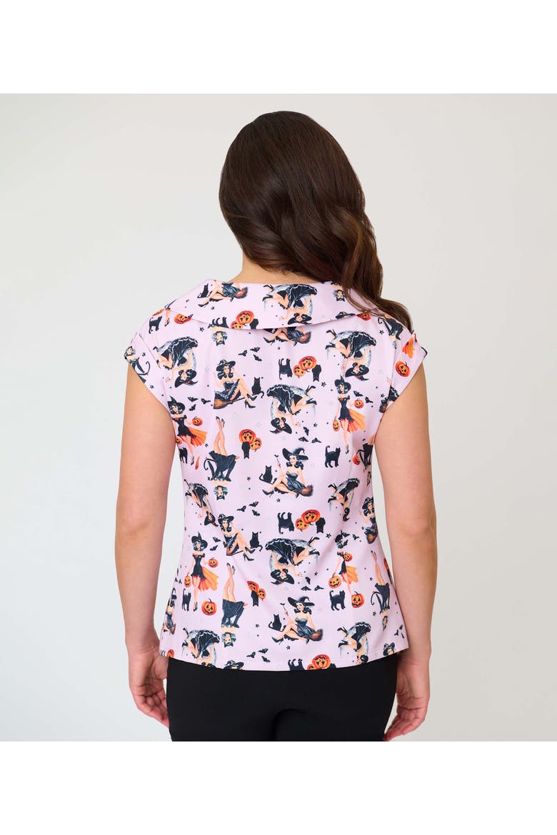 1960s Twill Sleeveless Blouse, Alternate, color, Lavender Pinup Witch Print