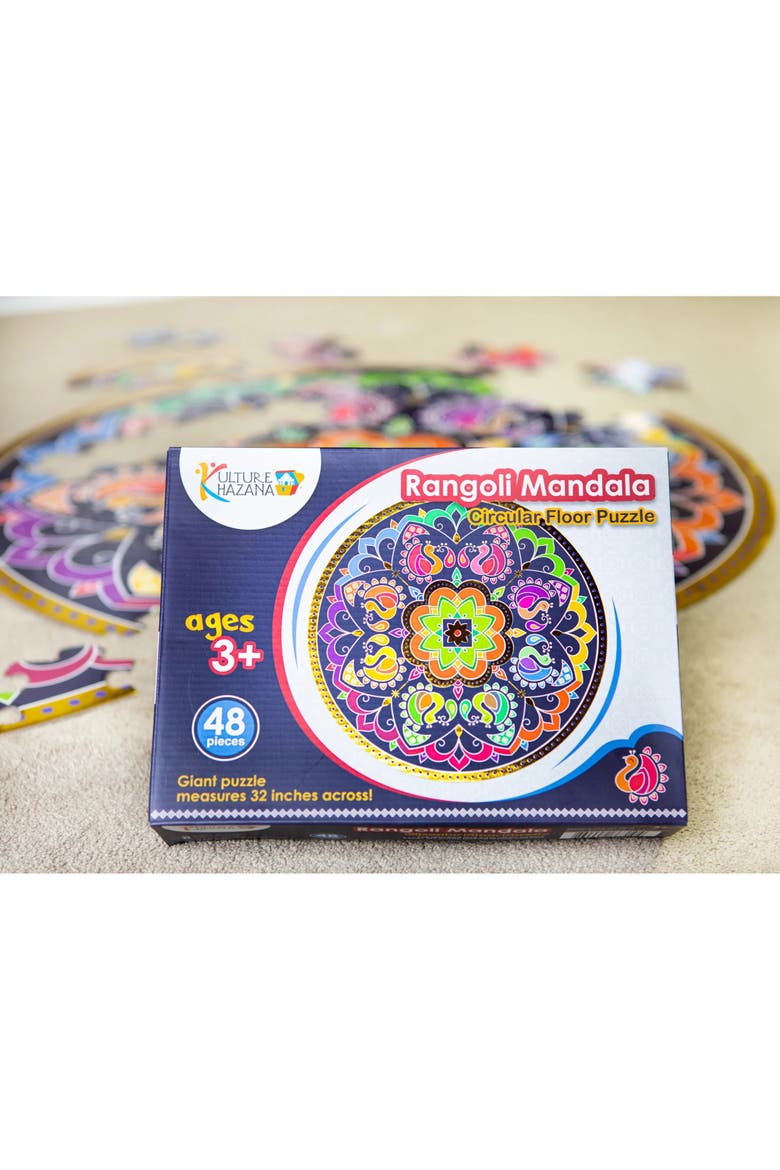 Rangoli Mandala 32" Round Floor Puzzle 48 Pieces, Indian Art For Holi, Alternate, color, Multicolored