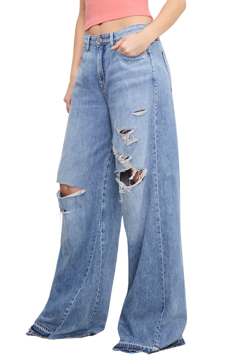 Good American Good Standard Ease Ripped Mid Rise Wide Leg Jeans, Alternate, color, Indigo876