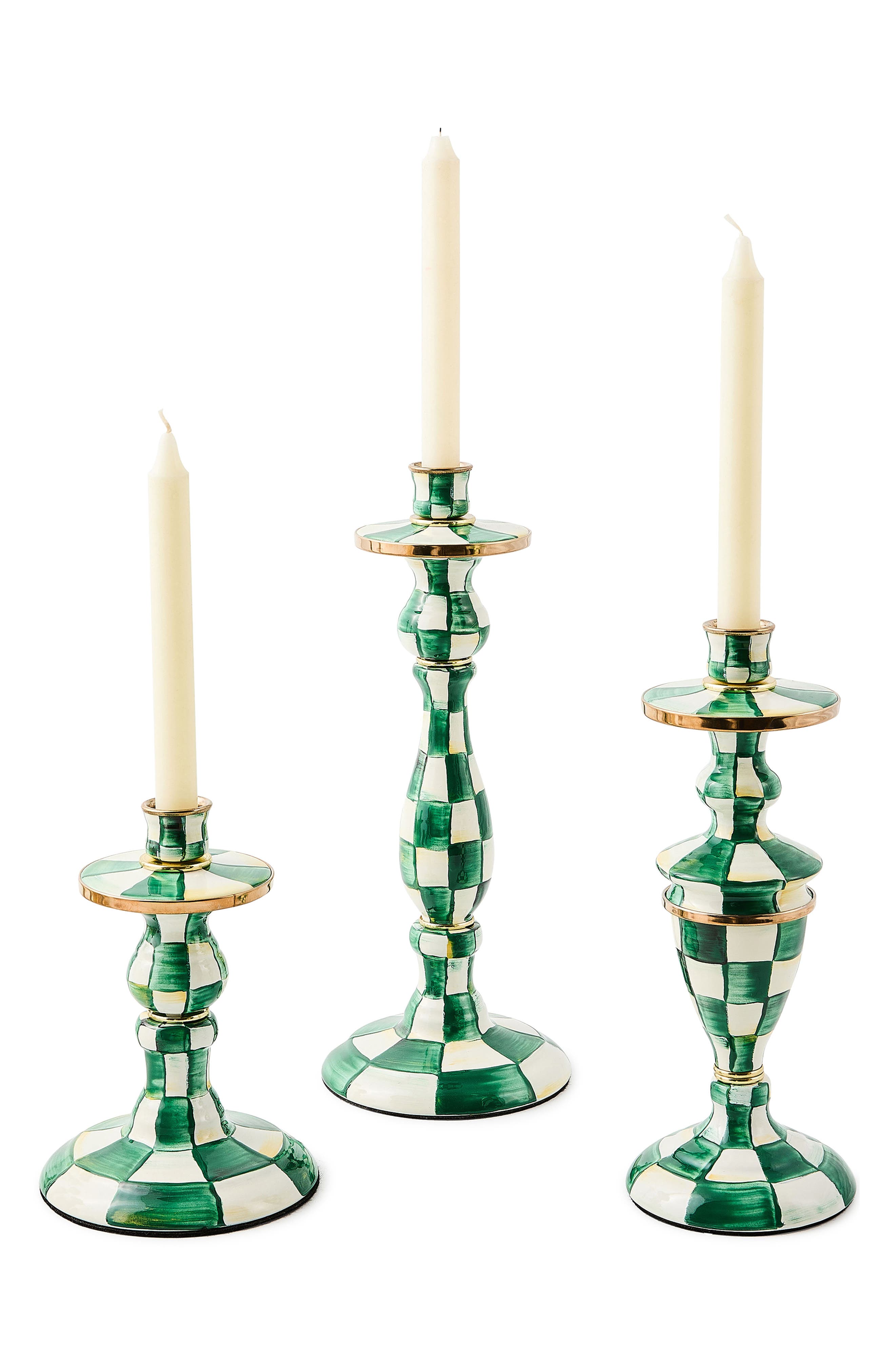 MACKENZIE CHILDS Emerald Check Large Enameled Steel Candleholder ...
