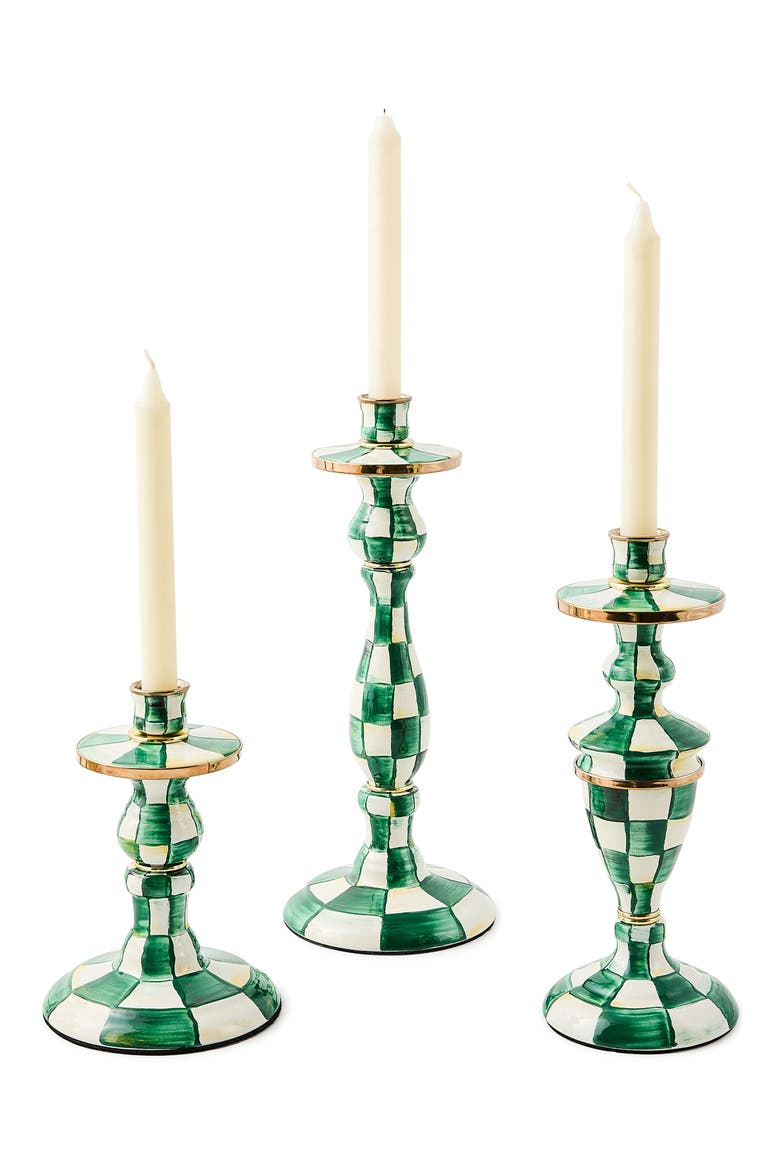 Emerald Check Large Enameled Steel Candleholder, Alternate, color, EMERALD