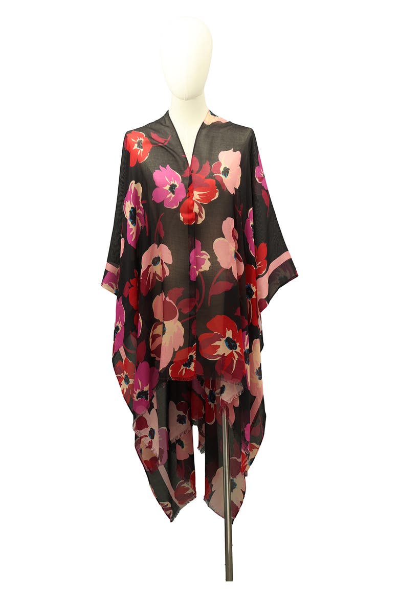 fall poppies silk ruana, Main, color, BLACK