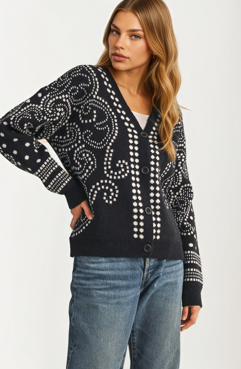 Knit and Lounge Relaxed Modern Fit Patterned Button Cardigan, Alternate, color, Black