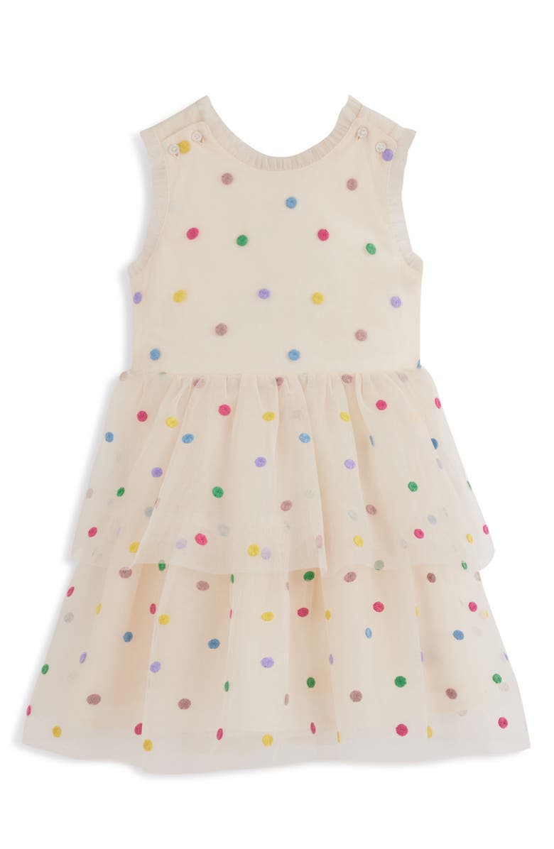 Mini Boden Kids' Open Crossback Stitched Dots Tiered Dress, Main, color, Soft Ivory Multi Spot