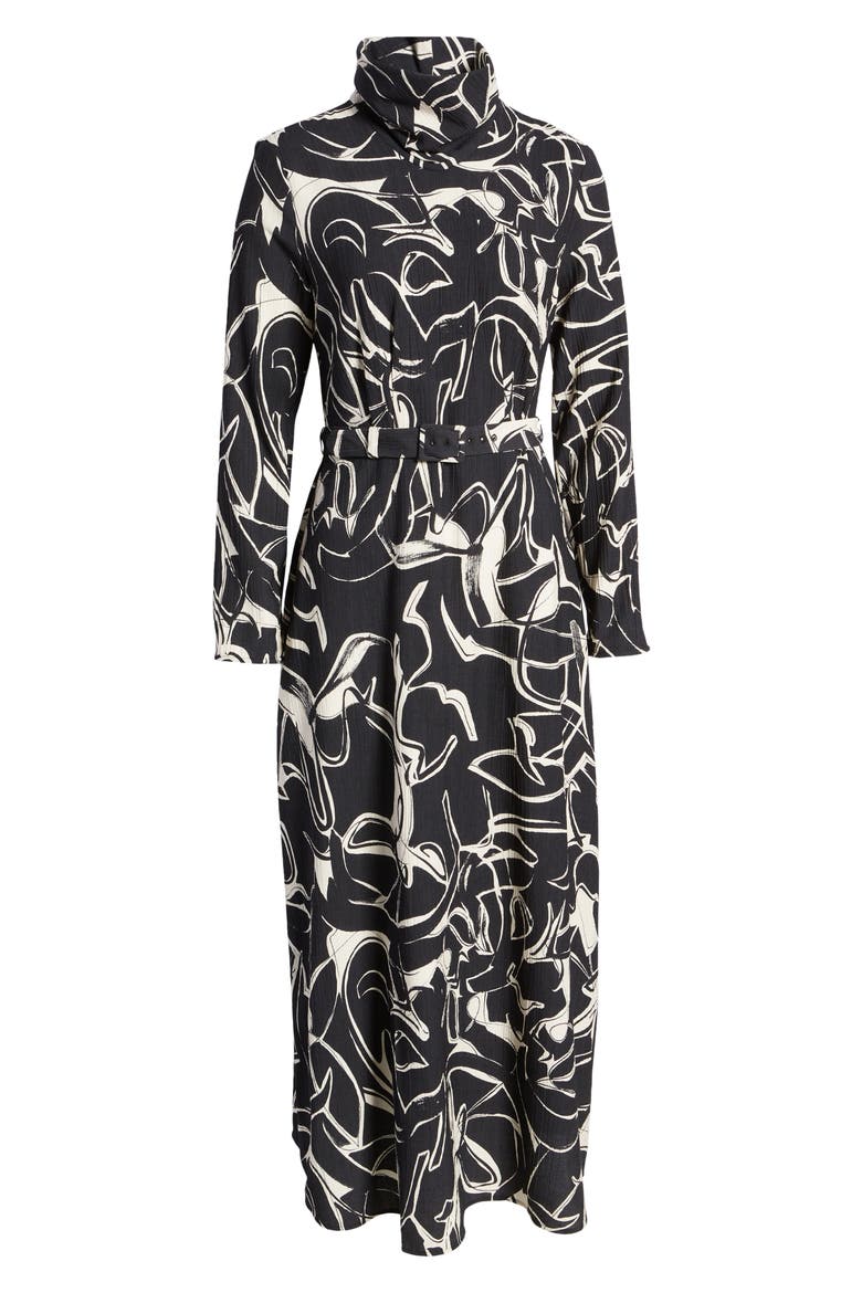 Abstract Print Belted Long Sleeve Midi Dress, Alternate, color, BLACK AOP