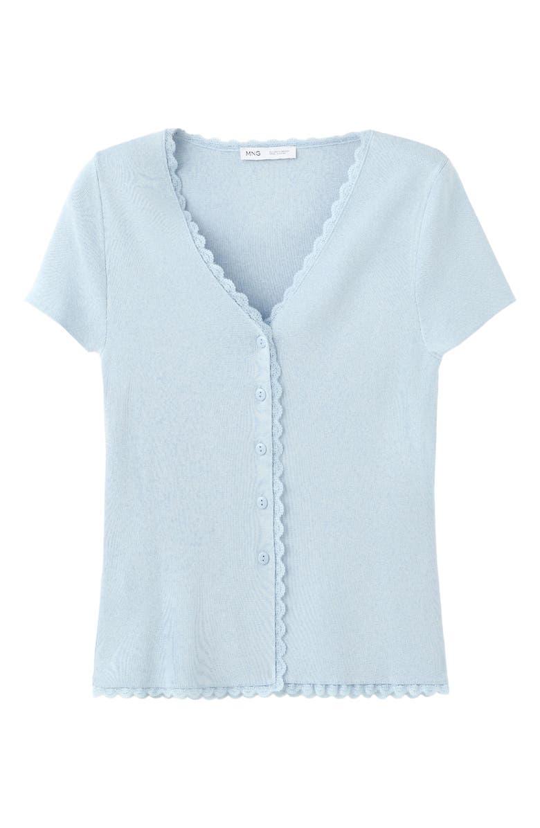 MANGO Lace Trim Short Sleeve V-Neck Cardigan, Alternate, color, Sky Blue