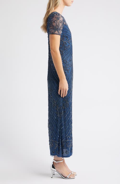 Pisarro Nights Illusion Beaded Mesh Column Gown In Blue