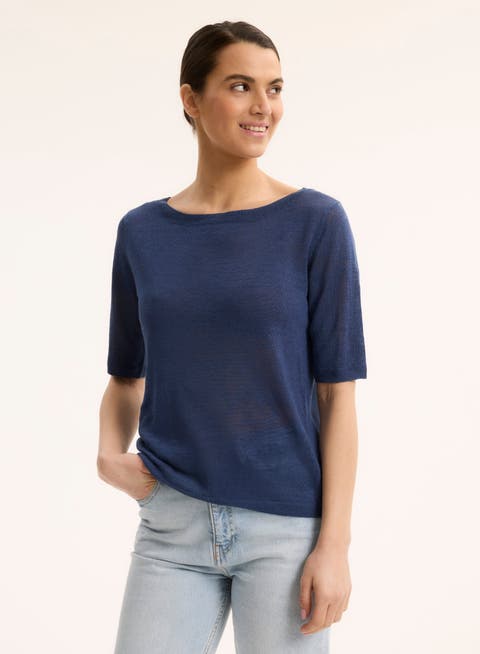 Stretch Linen Knit Three Quarter Sleeve Boatneck Shirt