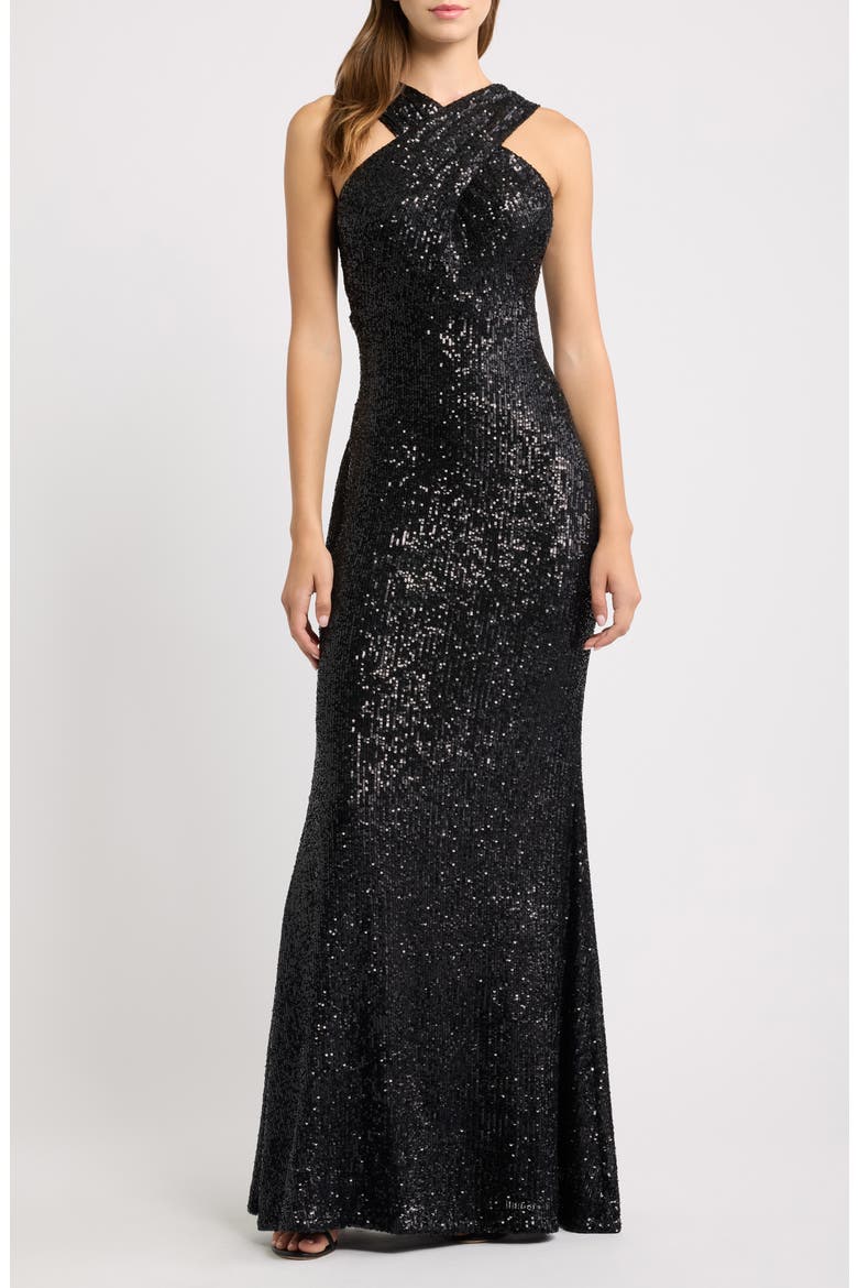 Sequin Halter Neck Mermaid Gown, Main, color, BLACK