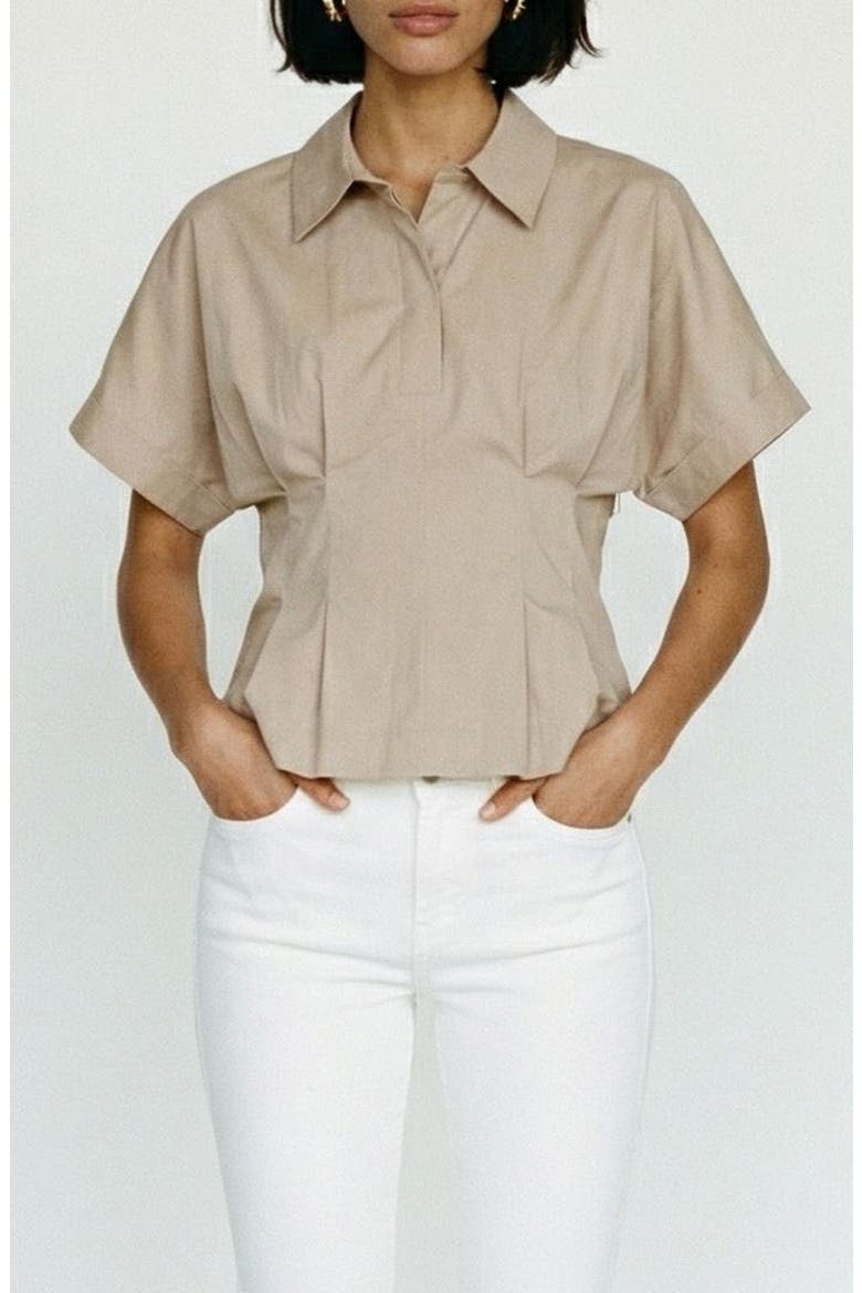 Pleated Button Half Placket Peplum Hem Shirt, Main, color, CEMENT