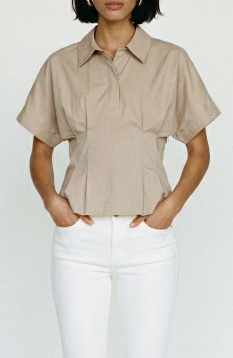 Pleated Button Half Placket Peplum Hem Shirt