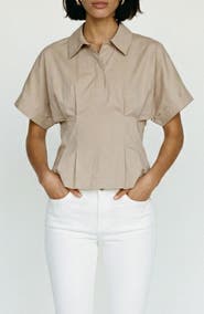VERO MODA Pleated Button Half Placket Peplum Hem Shirt