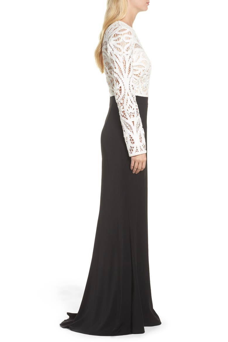 Crochet Lace & Crepe Gown, Alternate, color, IVORY/ BLACK