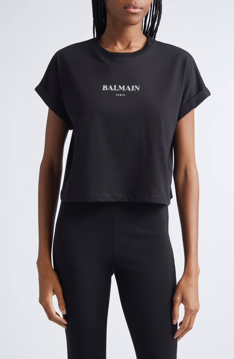 Balmain Logo Crop Graphic T-Shirt, Main, color, Black/ White