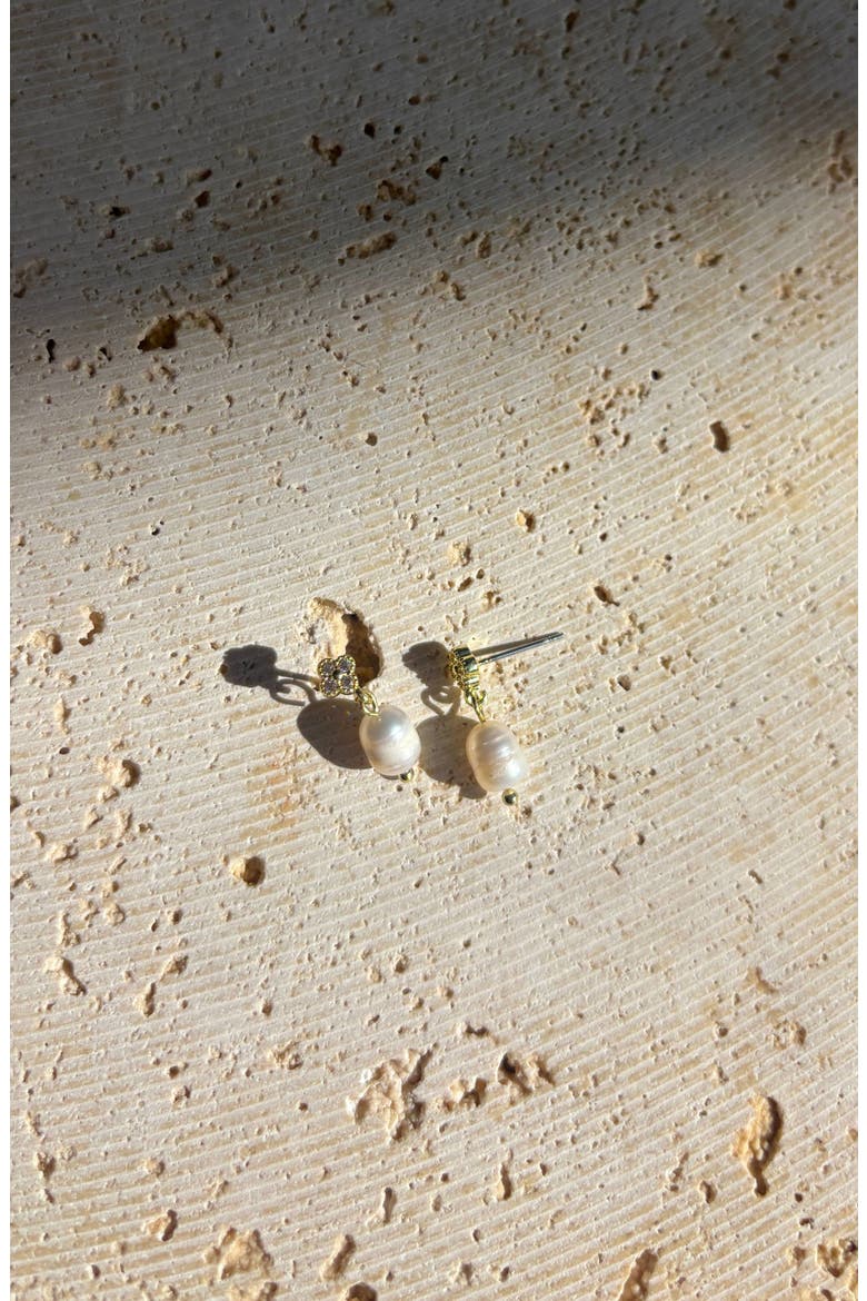 14K Gold Plated Cubic Zirconia & Freshwater Pearl Drop Earrings, Alternate, color, GOLD/ WHITE