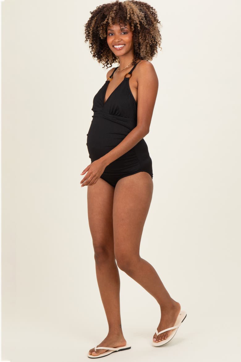 Red Ribbed O-Ring Strap Cutout Back One Piece Swimsuit, Alternate, color, Black