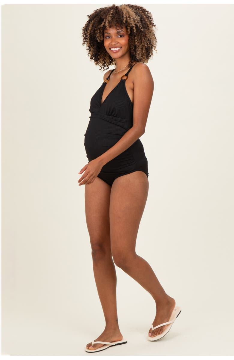 PinkBlush Red Ribbed O-Ring Strap Cutout Back One Piece Swimsuit, Alternate, color, Black