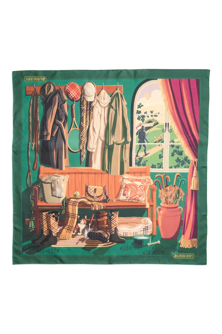 Graphic Print Silk Square Scarf, Alternate, color, CLOVER GREEN