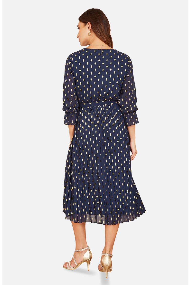 Foil Printed Pleated Wrap Midi Dress, Alternate, color, Navy