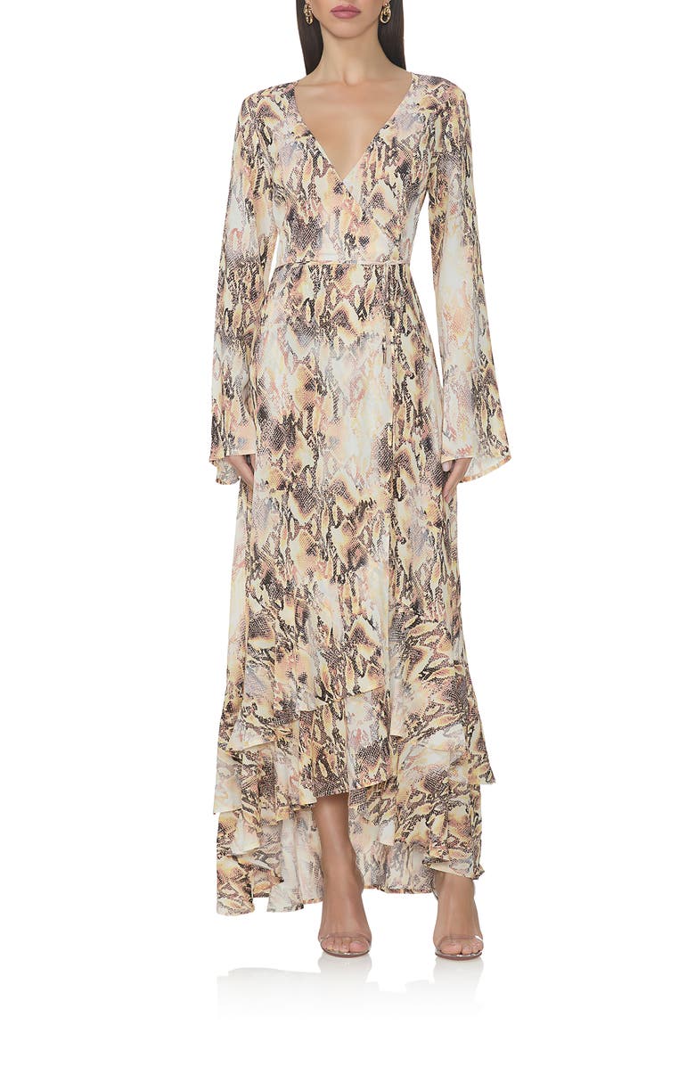 AFRM Mimi Snakeskin Print Long Sleeve Ruffle Maxi Dress, Main, color, Shine Snake