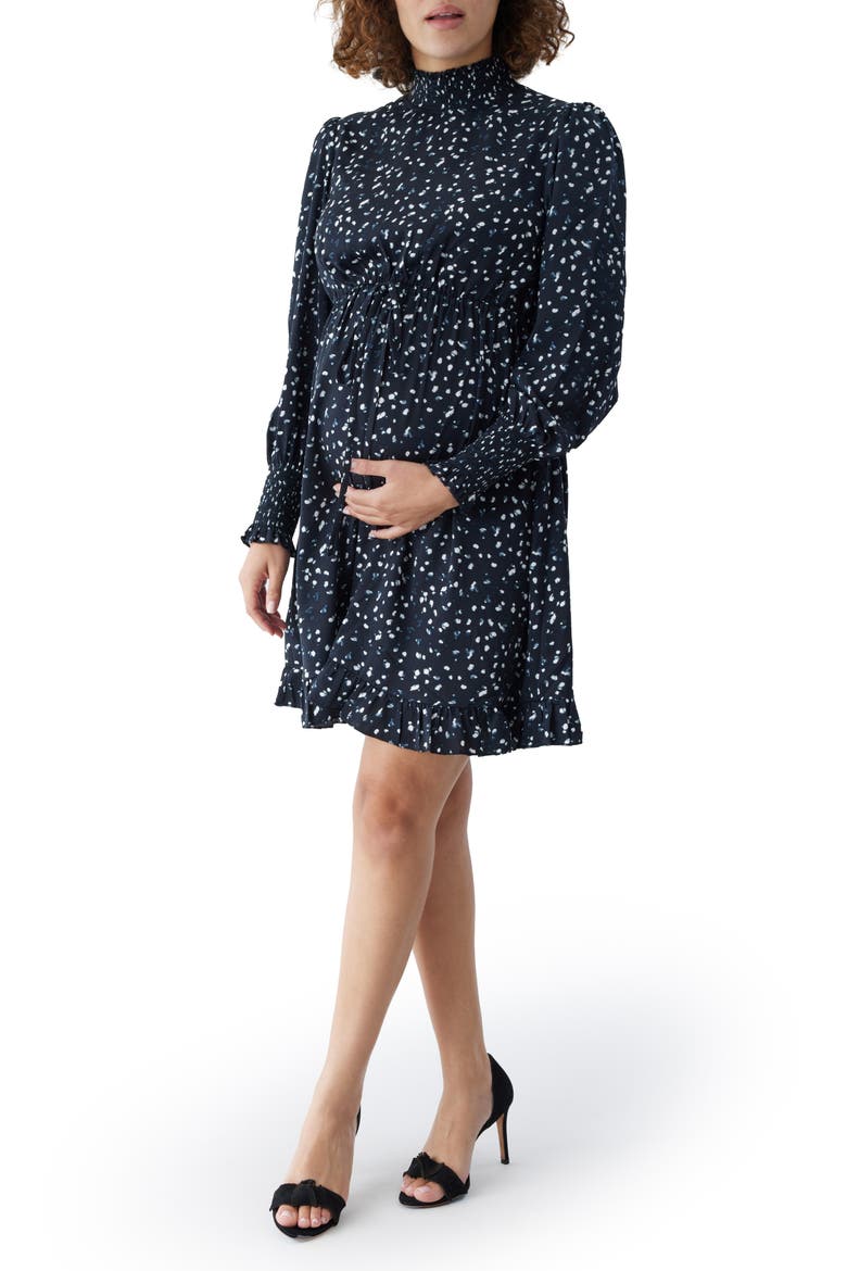 Smocked Long Sleeve Maternity Dress, Alternate, color, BLACK WHITE DOT
