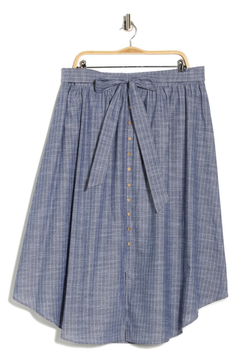 Stripe Linen Blend Curve Hem Midi Skirt, Alternate, color, DENIM
