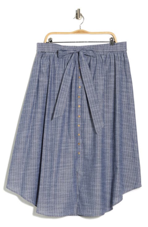 Stripe Linen Blend Curve Hem Midi Skirt (Plus)